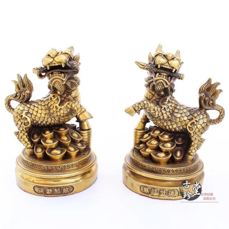

China Copper Bronze Yuan Bao Wealth Foo Dog kylin Unicorn Kirin Statue Pair