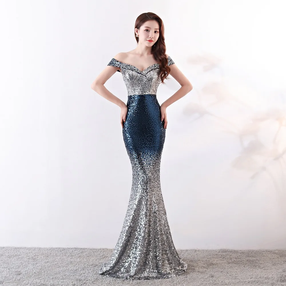 

Real Photos 2019 New Charming Long Sequins Prom Dresses Mermaid Off the Shoulder Evening Party Dress vestidos de noiva