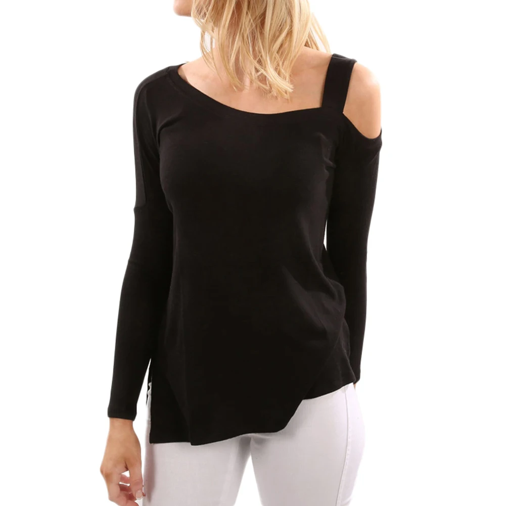 

Fashion Sexy One Shoulder Loose Solid Color Side Slit Long Sleeve T-shirt Top