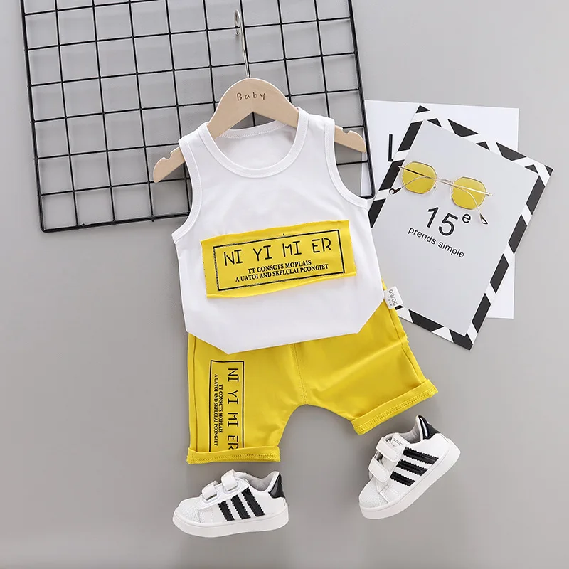 Летняя модная детская хлопковая одежда для маленьких мальчиков с буквенным принтом, аппликация для жилета, шорты детская повседневная одежда для малышей детские спортивные костюмы, костюм