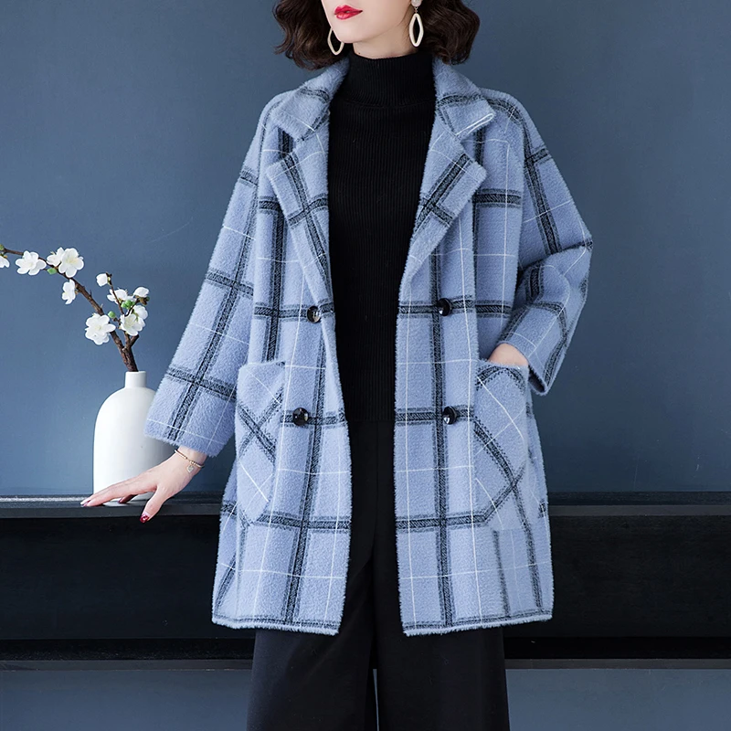 Brand Coat Fall Winter Women 2019 New OL Commuter Hit Color Plaid Big Pockets Lapel Thicken Double Breasted Loose | Женская одежда