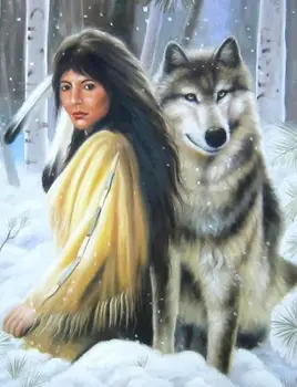 

American WESTERN ART Indian natives woman with wolf art PAINTING ON CANVAS PRINT oil painting on canvas-FREE SHIPPING