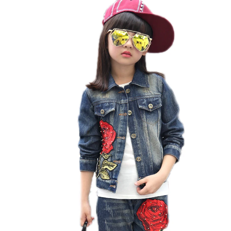 children clothing 2017 new arrival baby girl clothes sets spring top denim jackets+pants 2pcs Embroidery floral kids tracksuit
