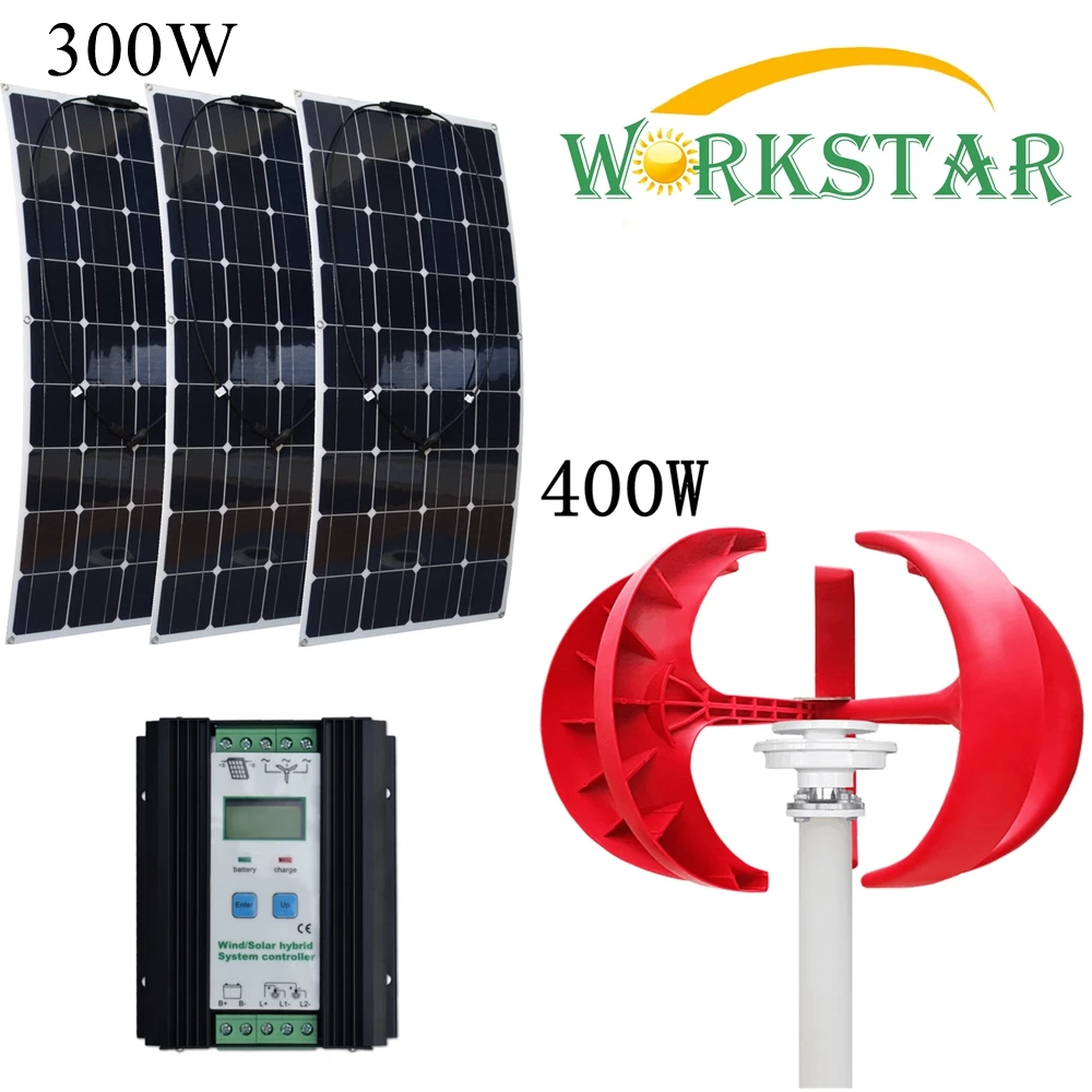 

3pcs 100W Solar Panels and 400W Vertical Wind Generator with 40A Wind Solar Hybrid Controller