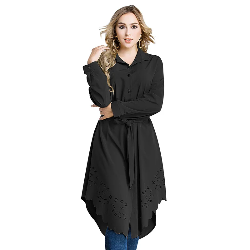 

TUHAO Shirt Dresses Maxi Long Dress Woman Plus Size 6XL 5XL 4XL Loose Sashes Slim Waist Elegant Hollow Out Office Lady CM226