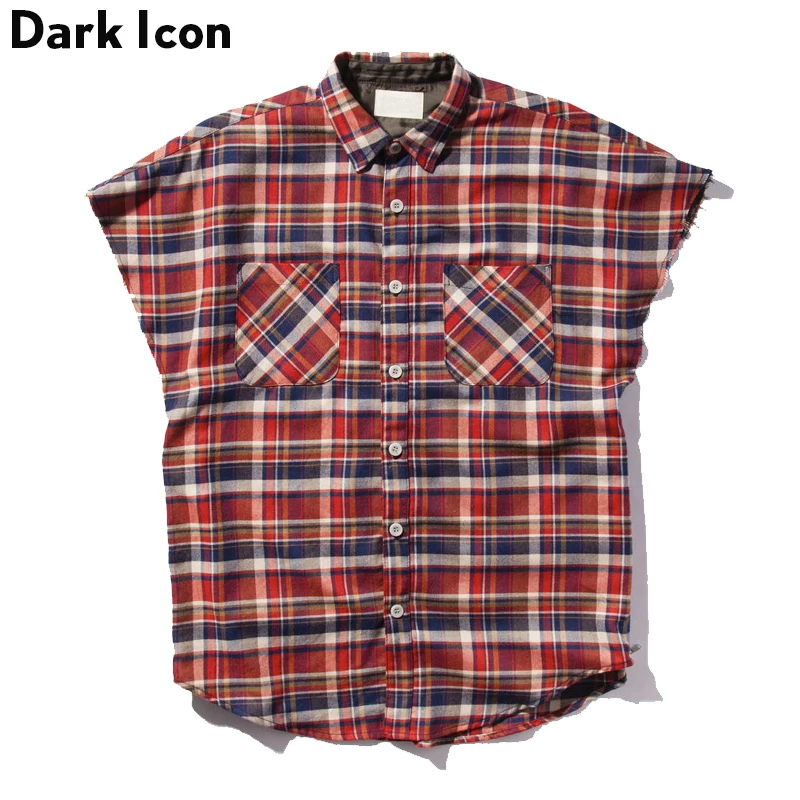 

DARK ICON Flannel Plaid Oversized Mens Shirt Sleeveless 2019 Summer Hip Hop Shirts Men Cotton Shirts Man Clothing