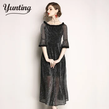

Women Summer Beach Long Dresses Ladies Black Off The Shoulder Half Sleeve A Line Maxi Dress