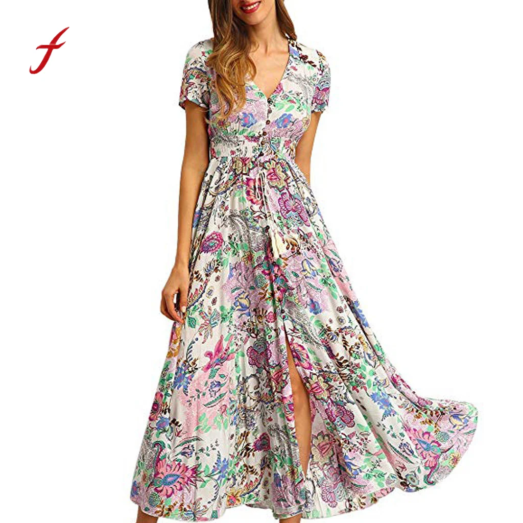 

Feitong Elegant Evening Gown Floral Printing Chiffon Button Up Split Flowy Party Maxi Dress vestidos de verano sukienki