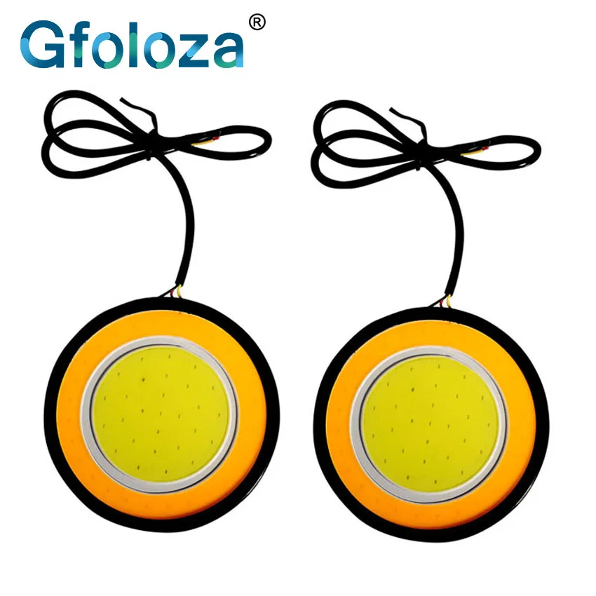 

Gfoloza 2Pcs Dual Color LED DRL Turn Signal light Bulbs High Power Round COB Car Fog Lights Driving Lamp White Yellow 84mm 12V