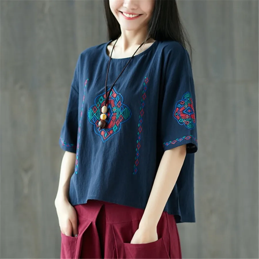 Лето 2019 футболка Для женщин Modis Винтаж вышивка короткий рукав Camisas Mujer