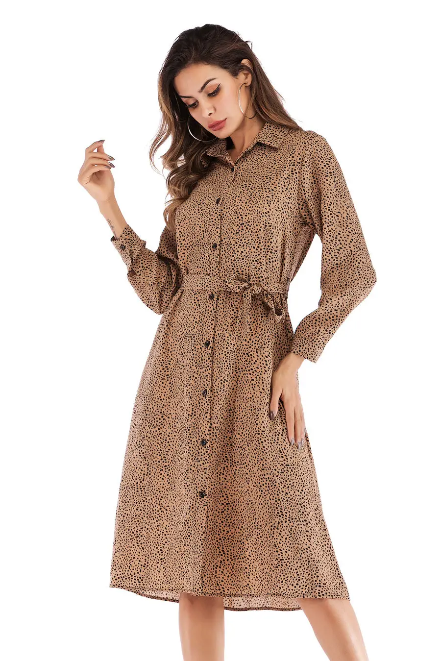 Gladiolus Chiffon Spring Dress Women 34 Sleeve Turn-Down Collar Leopard Print Belt Women Shirt Dress 2019 Autumn Sexy Dresses (48)