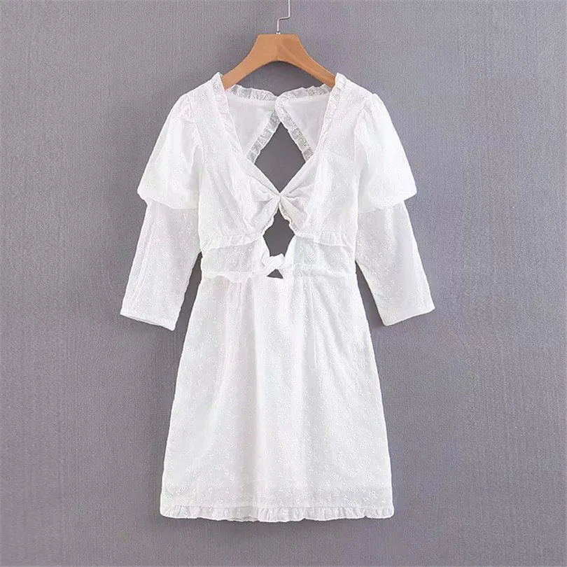 Женское белое мини-платье с вышивкой, v-образный вырез, рукав-фонарик, молния сзади, женские повседневные платья, шикарные трапециевидные платья