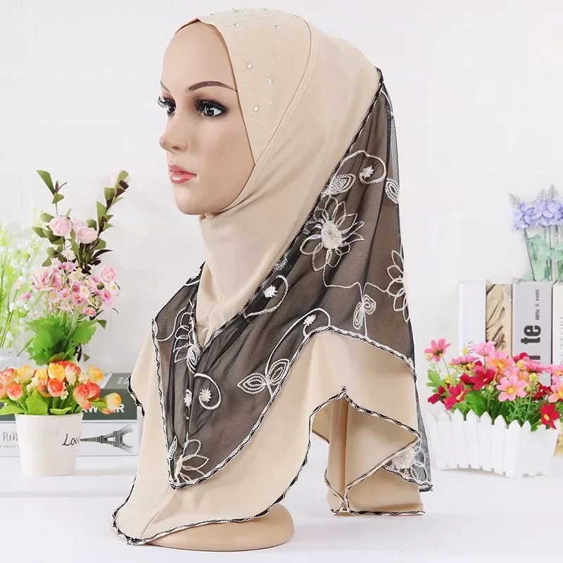 

2018 new style embroidered scarf floral pattern hijab polyester white diamond hijabs