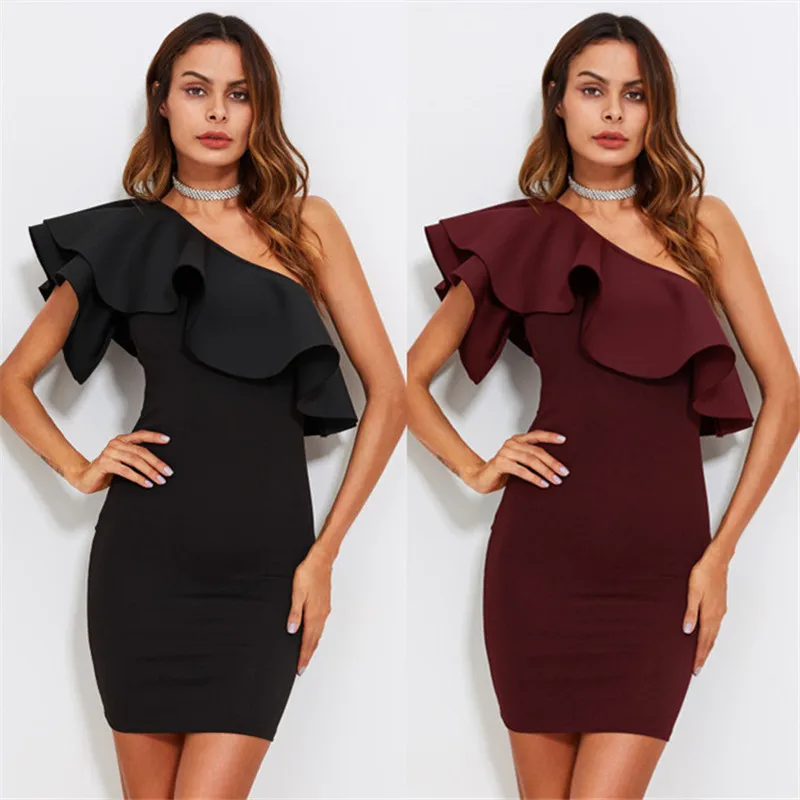 

2018 New Mini Bodycon Women Summer Dress Solid Ruffle Flounce One Shoulder Fitting Slim Sexy Party Short Sleeve Zipper Dresses