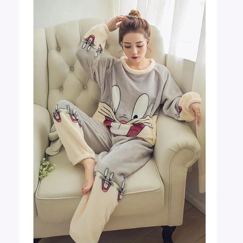Г. Зимняя теплая женская пижама из бархата кораллового цвета, домашняя одежда, одежда для сна, костюм теплые мягкие корейские костюмы из двух предметов с милым кроликом для девочек