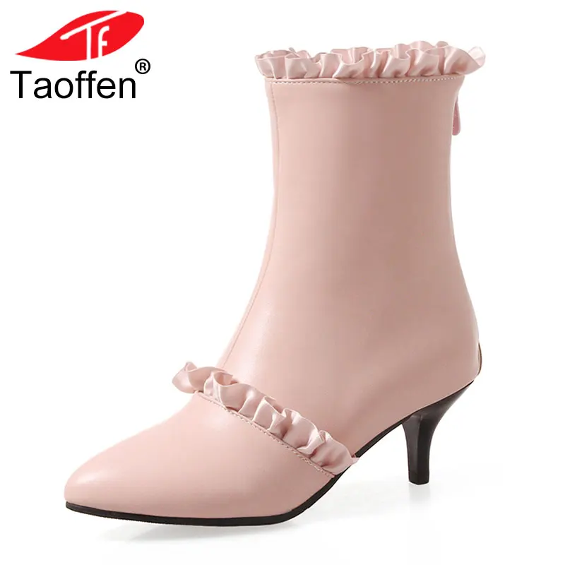 

TAOFFEN Size 32-47 Women Ankle Boots Zipper Hot Sale High Heels Warm Shoes Woman Add Plush Fur Winter Boots Woman Footwear