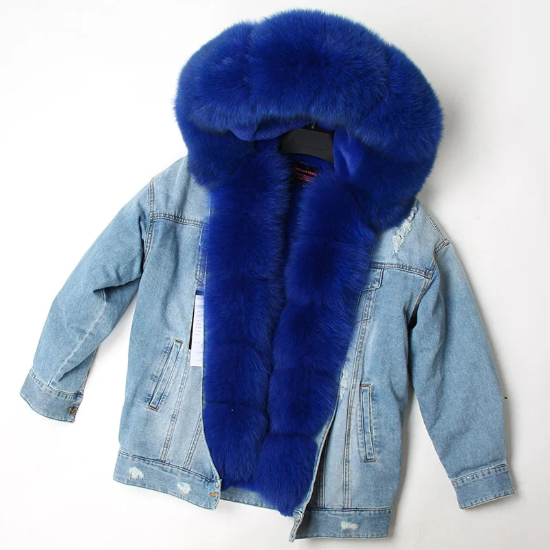 Maomaokong, джинсовая куртка с искусственным мехом, пальто из лисьего меха, Модная Джинсовая куртка из лисьего меха, теплая женская зимняя куртка, Женская парка - Цвет: JH-2