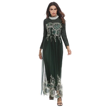 

Muslim Embroidery Multilayer Dresses Islamic Clothing Lace Mesh Patchwork Women Dress Abaya Middle East Arabic Female Abaya