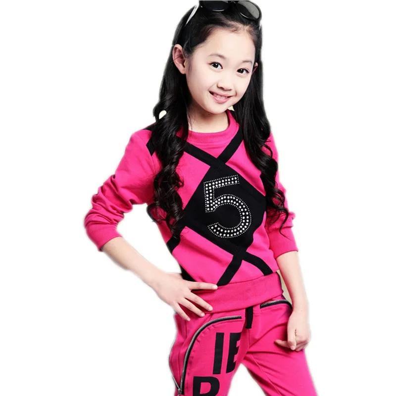 Girls Set Spring Children's Clothing Sets Teenage Girls Long Sleeve Rhinestone Tracksuit Kids Sports Suit 2pcs Girls Tracksuit