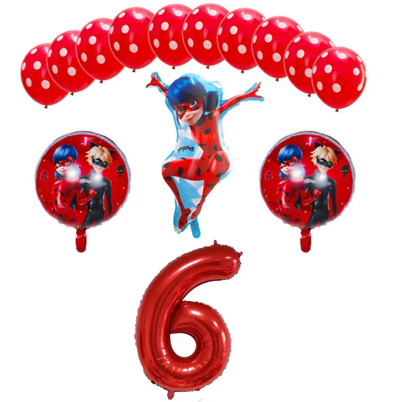

14Pcs Miraculous Ladybug 30'' Red Number foil balloons wave point latex Globos Gril's Birthday Party hero Decoration Kids toys
