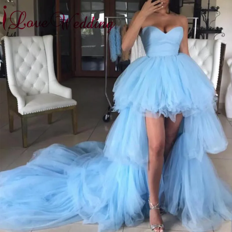 

New Arrival 2019 Sweetheart Blue Tulle Layered Party Gown Custom made Front Short Long Back Evening Dresses