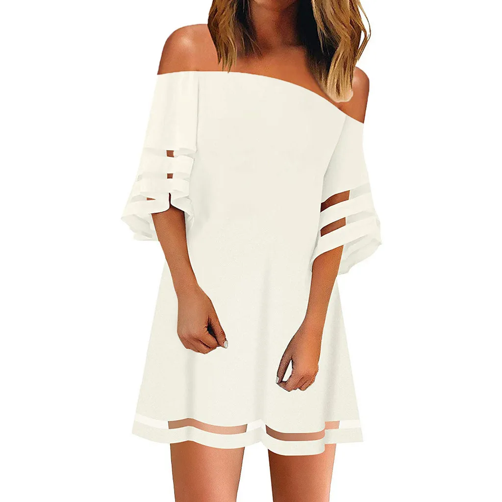 

blusas Women's Blouse Women Shirts Off Shoulder Top Women Off Shoulder Mesh Panel Blouse 3/4 Bell Sleeve Loose Top Shirt Dress