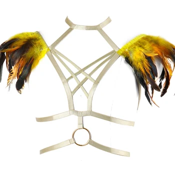

BODY CAGE Bright Feather Epaulettes Shoulder Angel Wings BurningMan Womens Body Harness Bondage Crop Tops Goth Apparel Lingerie