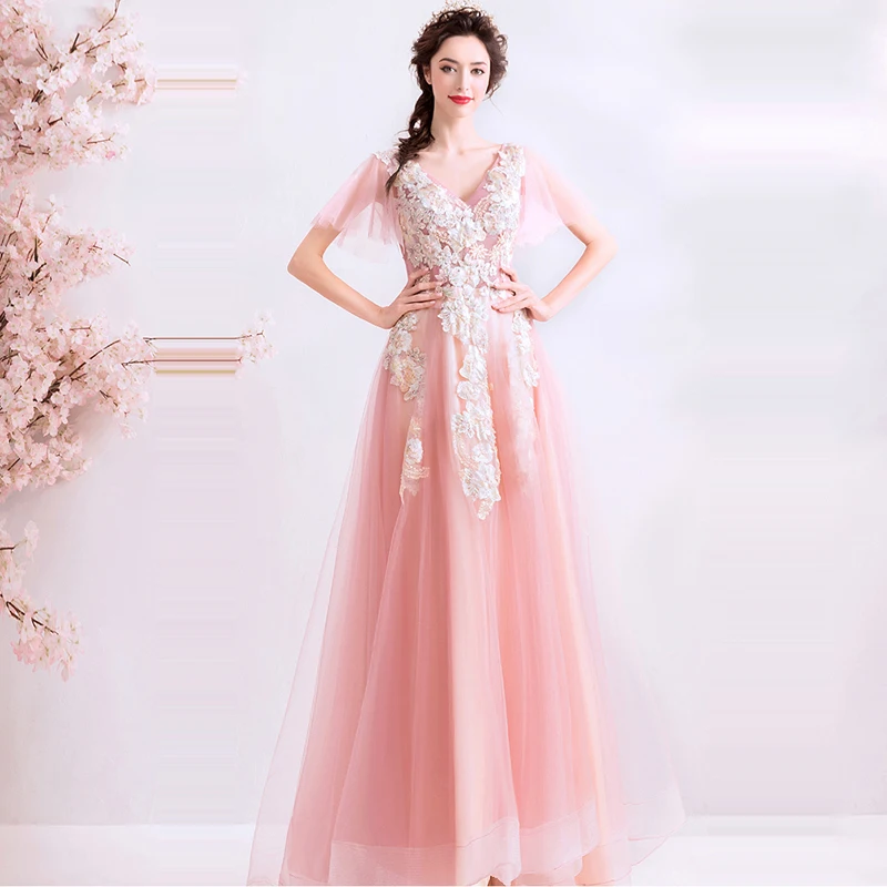 

Evening Dress Pink Short Sleeve Women Party Dresses Sexy Lace V-neck Robe De Soiree 2019 Plus Size Embroidery Evening Gowns E649