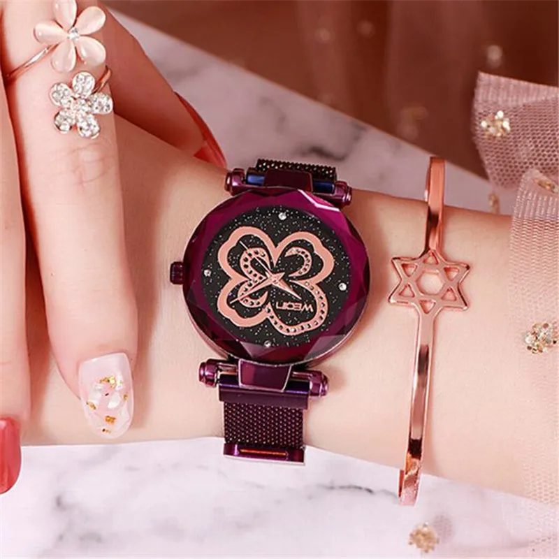 

Mdnen Magnet Strap Women Magnetic Watches New 2019 Ladies Four-leaf Clover Starry Sky Quartz Watch Wristwatch Clock Relogio