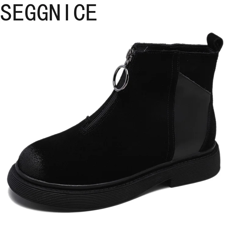 

SEGGNICE Snow Boots Women Zip Thick Bottom Ankle Martin Boots Simple Platform Retro Booties Women Fashion 2019 Keep Warm Winter