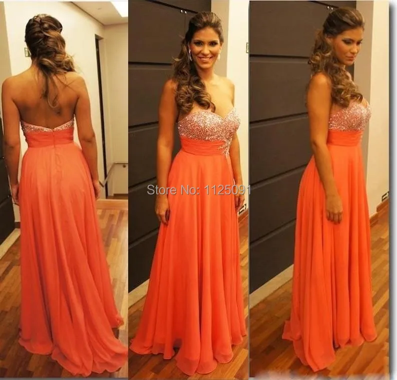 

2019 Orange Long Chiffon Prom Dresses Sequined Beaded A-Line Sweetheart Evening Gown Sexy Backless Formal Dress vestido de festa