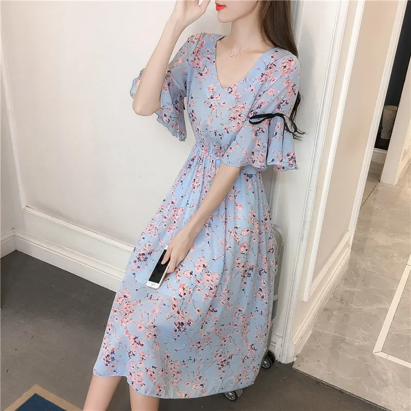 

Summer women floral print chiffon dresses lady short flare sleeve woman dresses summer women clothing