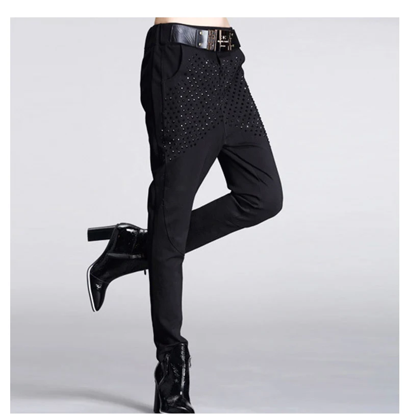 TWOTWINSTYLE, свободные брюки для женщин, бриллианты, эластичная Средняя Талия, черные длинные штаны, женские, большие размеры, Весенняя повседневная одежда
