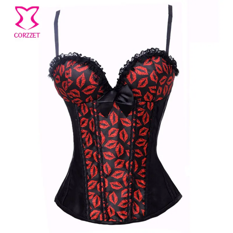 Hot Red Lips Pattern Black Satin Overbust Gothic Corset Dress Burlesque Bustier Tutu Skirt Corpetes E Espartilhos Para Festa Hot Red Lips Pattern Black Satin Overbust Gothic Corset Dress Burlesque Bustier Tutu Skirt Corpetes E Espartilhos Para Festa