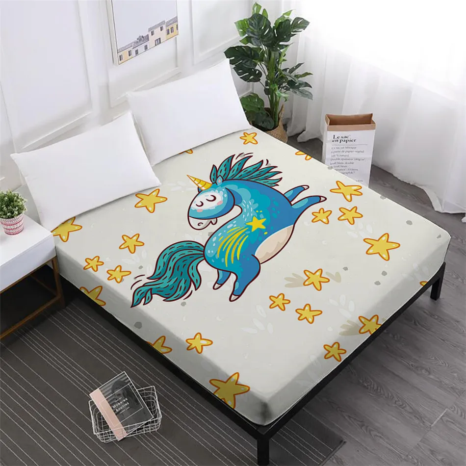 buy Blue Unicorn Bed Sheet Starfish Flowers Print Fitted Sheet Colorful Cartoon Sheets Mattress Cover Elastic Band Home Textile D25