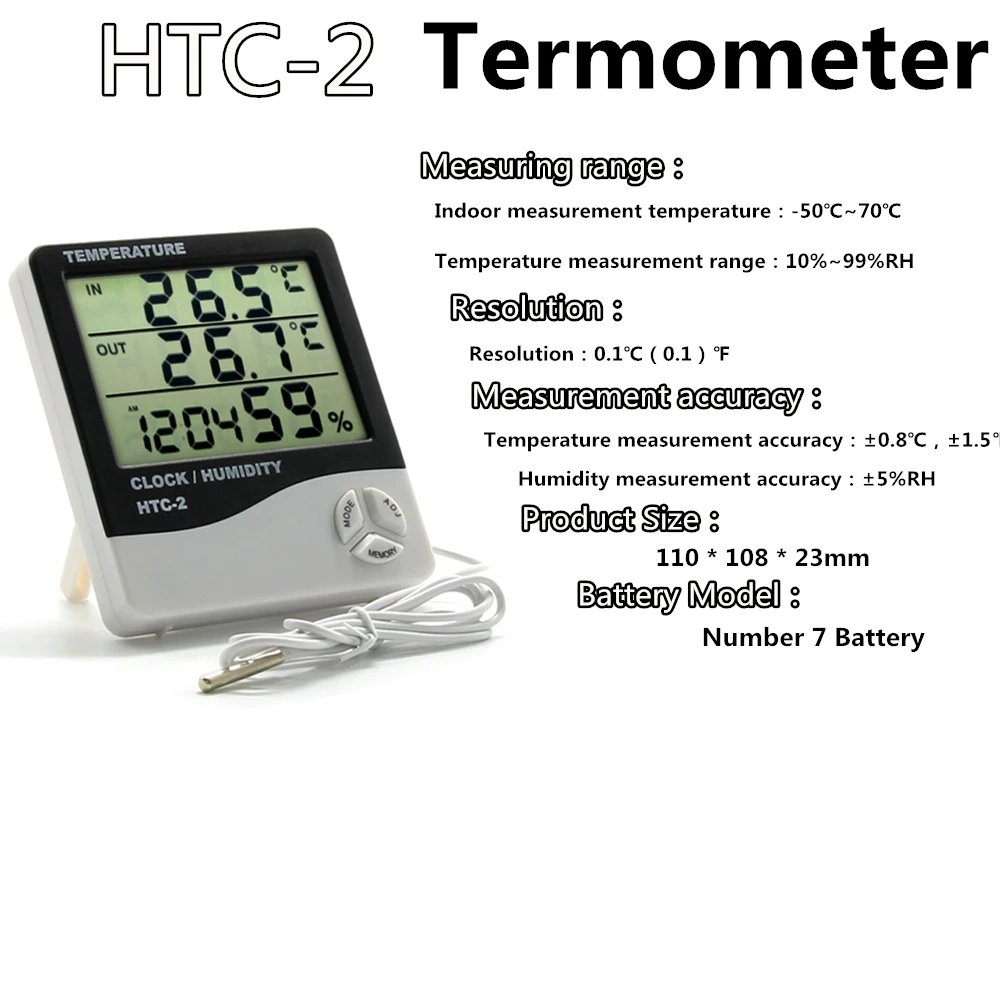 

HTC-2 Digital LCD Thermometer Hygrometer Electronic Temperature Humidity Meter Weather Station Indoor Outdoor Tester Alarm Clock