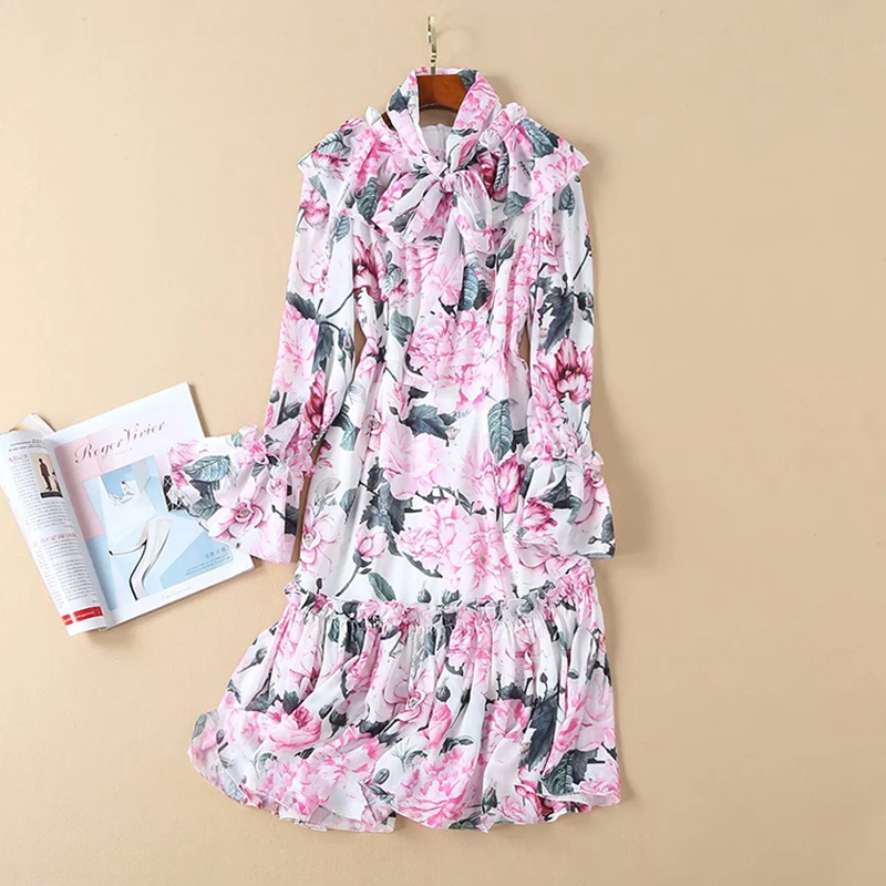 

HIGH QUALITY New Fashion 2019 Spring Designer Runway Dress Women's Long Sleeve Floral Print Casual Dress