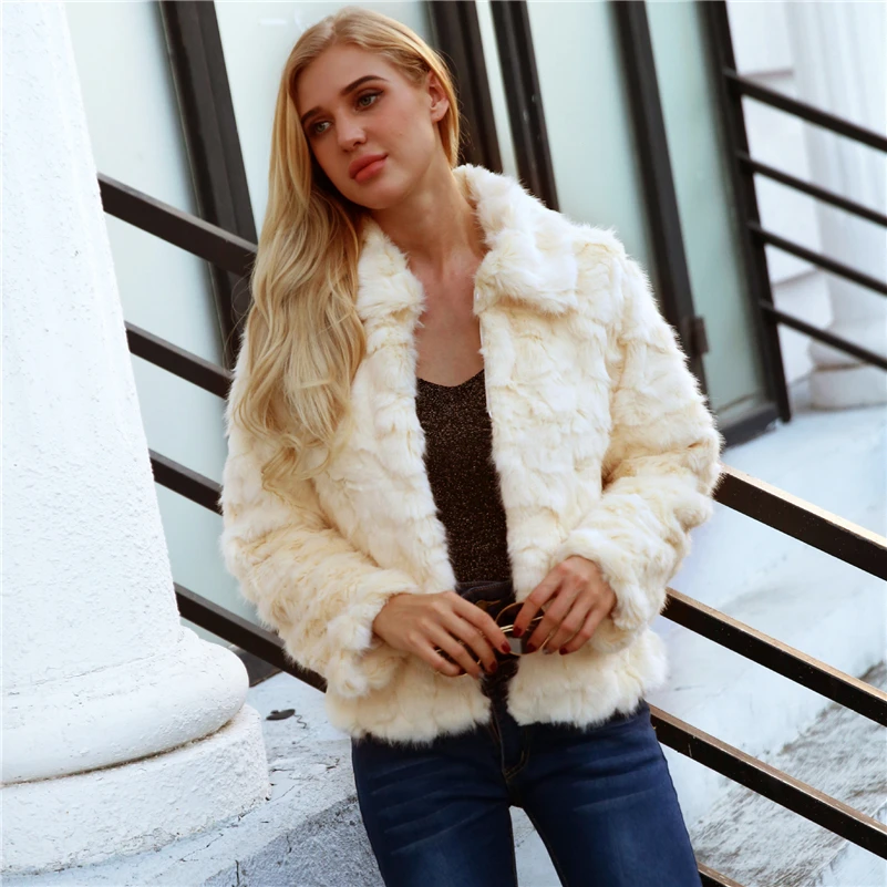 Femmes 2018 Solide Manteau Beige Col Survêtement De Furry Automne Court D'hiver Fourrure Turn Faux down Pardessus Casual Partie BwwPqxI