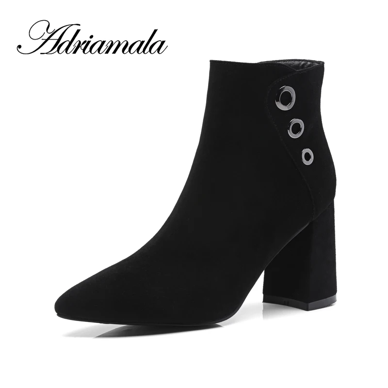 

2018 Cow Suede Ladies High Heel Boots Pointed Toe Spike Heels Zipper Motorcycle Ankle Boots For Women Fashion Adriamala