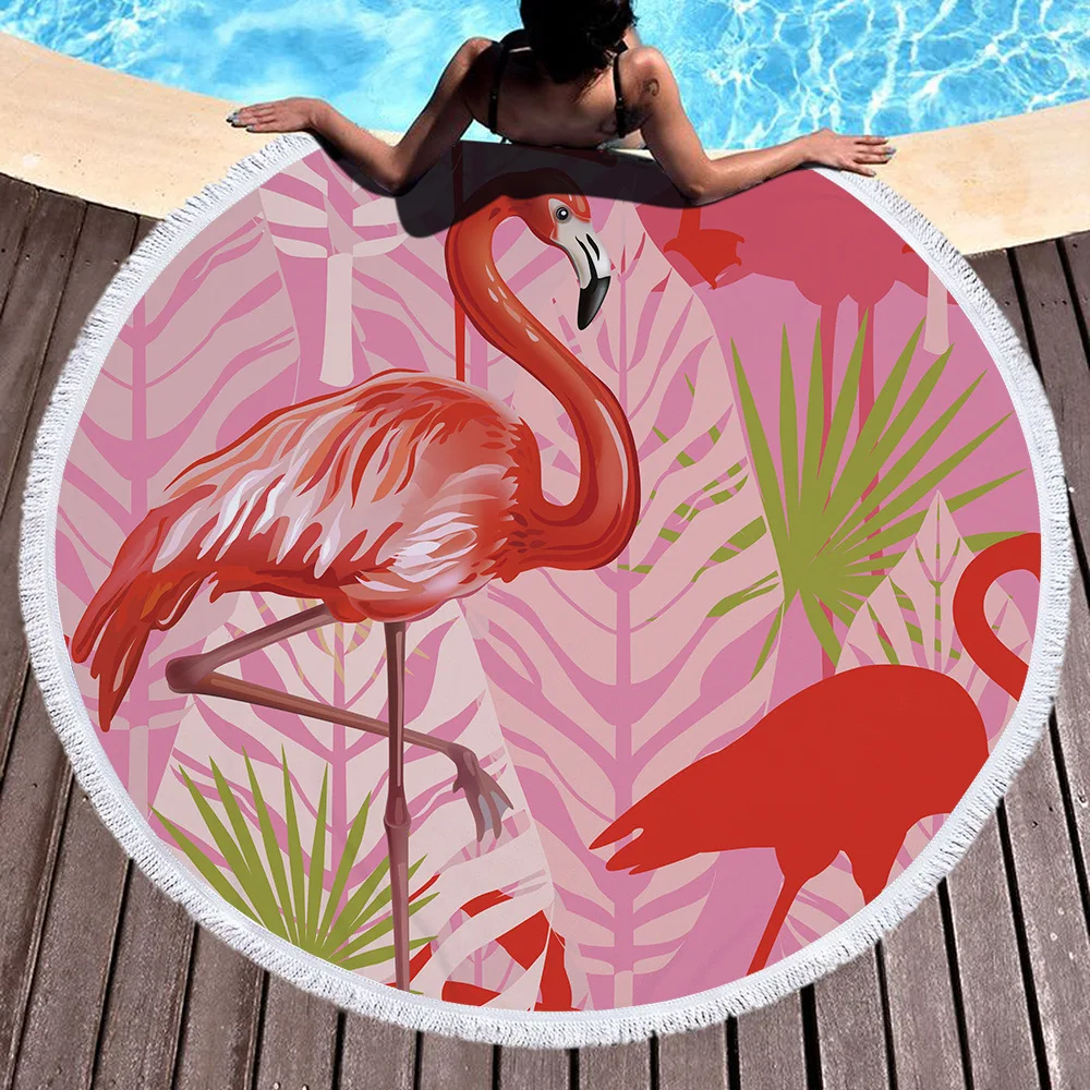 Тропические растения микрофибра пляжное полотенце для взрослых Коврик для йоги одеяло с кисточками большой Фламинго круглое полотенце 150 см гобелен домашний декоративный