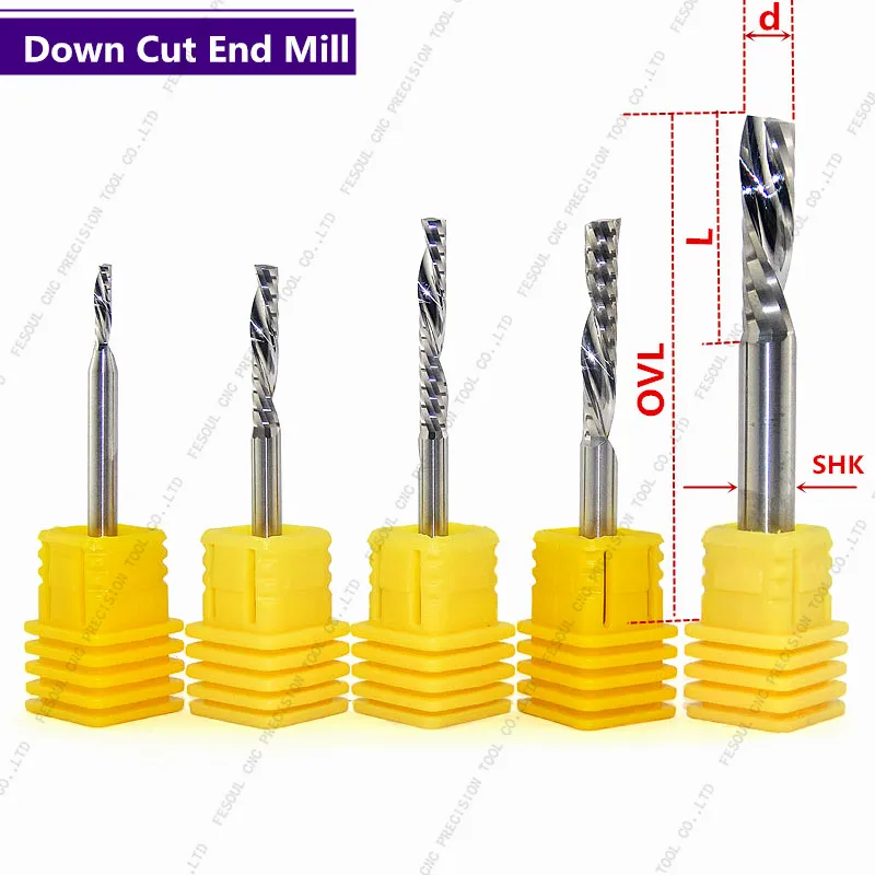 

5 PCS-1 Single Flute Down Cutter end mill,Left Helical Carbide Milling Tool Bit for Cutting Grooving Wood, Plastic Board PVC