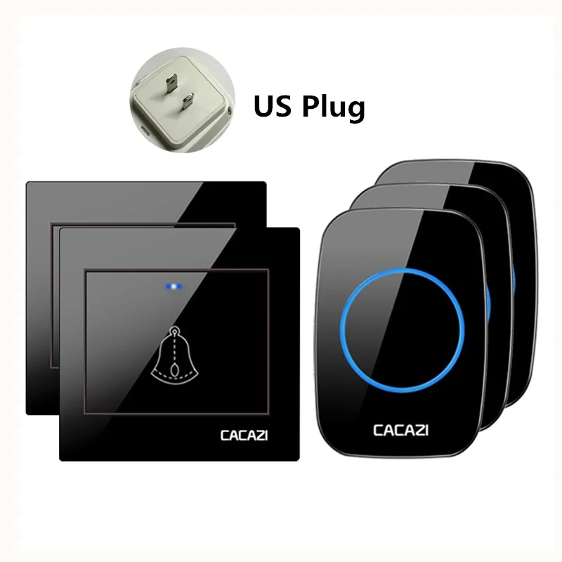CACAZI Smart Беспроводной дверной звонок Водонепроницаемый передатчик ЕС Plug 300 м удаленного Главная вызова колокол светодиодный Батарея Кнопка 36 перезвон 4 объем - Цвет: Black 2x3 US