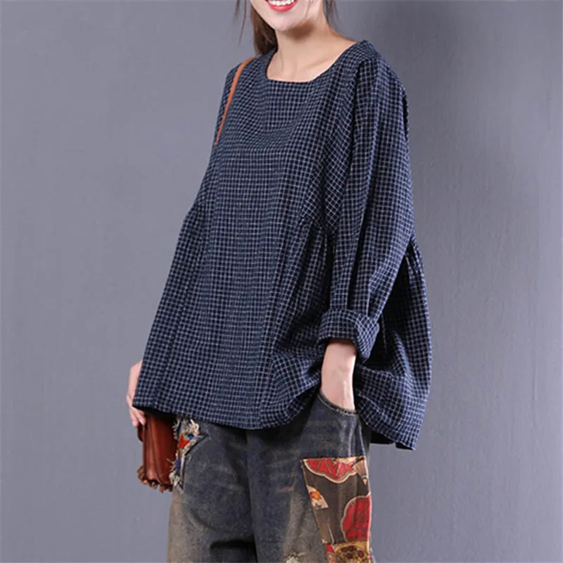 Black and White Plaid Casual Round Neck Long sleeves Colorblock Tee Autumn winter Women Elegant T-shirt Top Plus Size S-5XL