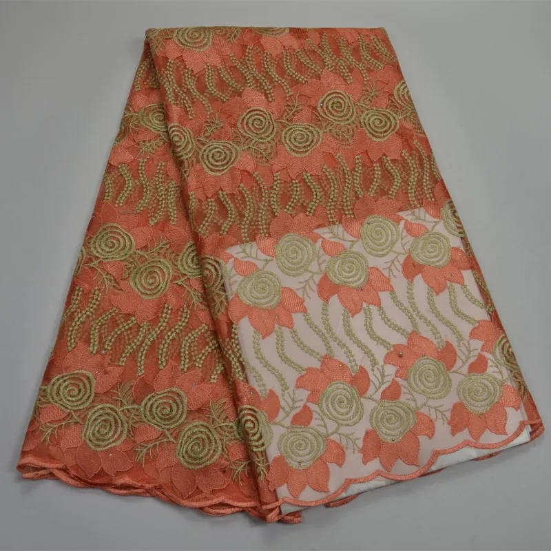 

Latest French Nigerian Laces Fabrics High Quality Tulle African Laces Fabric Wedding African French Tulle Lace orange for lady