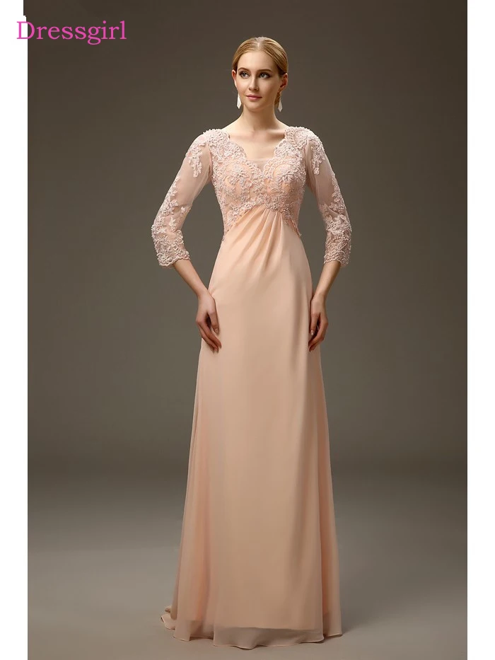 Perzik 2019 Moeder Van De Bruid Jurken A-lijn V-hals 3/4 Mouwen Chiffon Kant Backless Lange Elegante Bruidegom Moeder Jurken Wedding Perzik 2019 Moeder Van De Bruid Jurken A-lijn V-hals 3/4 Mouwen Chiffon Kant Backless Lange Elegante Bruidegom Moeder Jurken Wedding