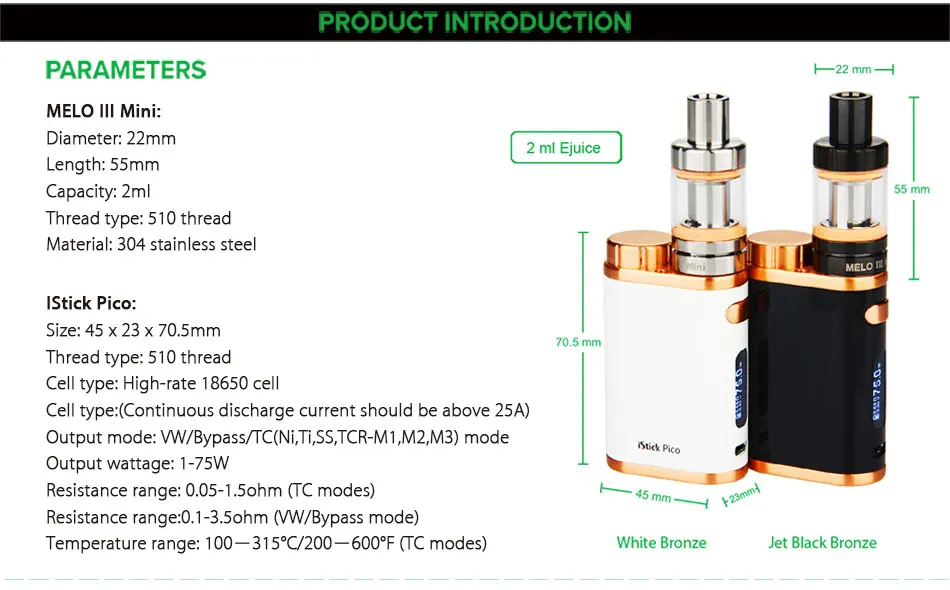 Original Eleaf iStick Pico 75W Kit New Colors with Eleaf MELO 3 Mini Tank 2ml VW/Bypass/TC/TCR Mode E-cig Vape Kit istick 75W