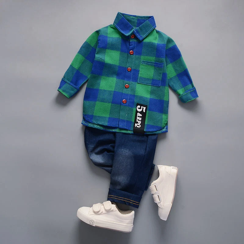 

Children Clothes Set Autumn Boys Cotton Plaid Shirt+Denim Trousers Two-piece Kids Casual Clothing Suit 1-4Y
