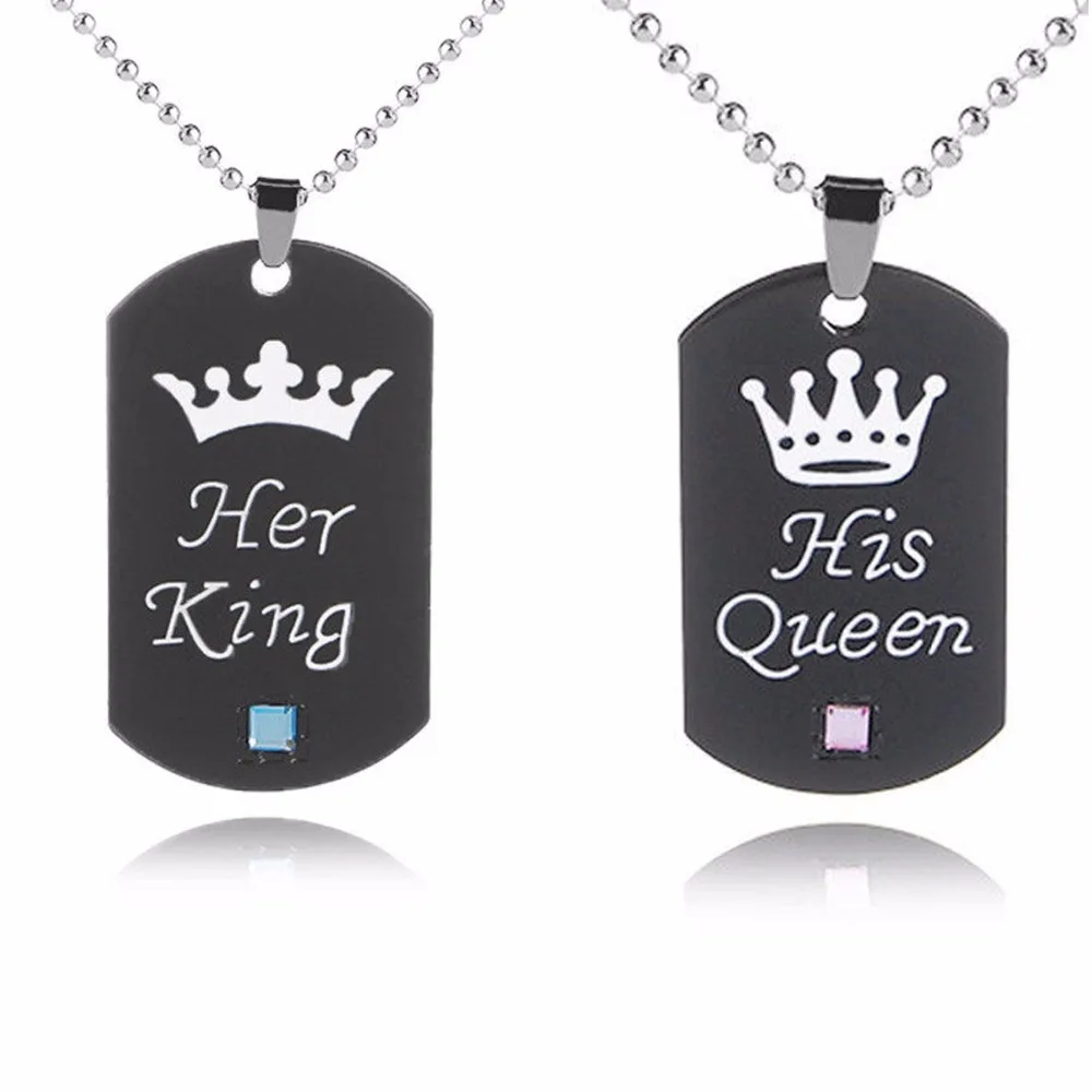 Engraved Her King & His Queen Crown Pendant Chain Necklace Husband Wife