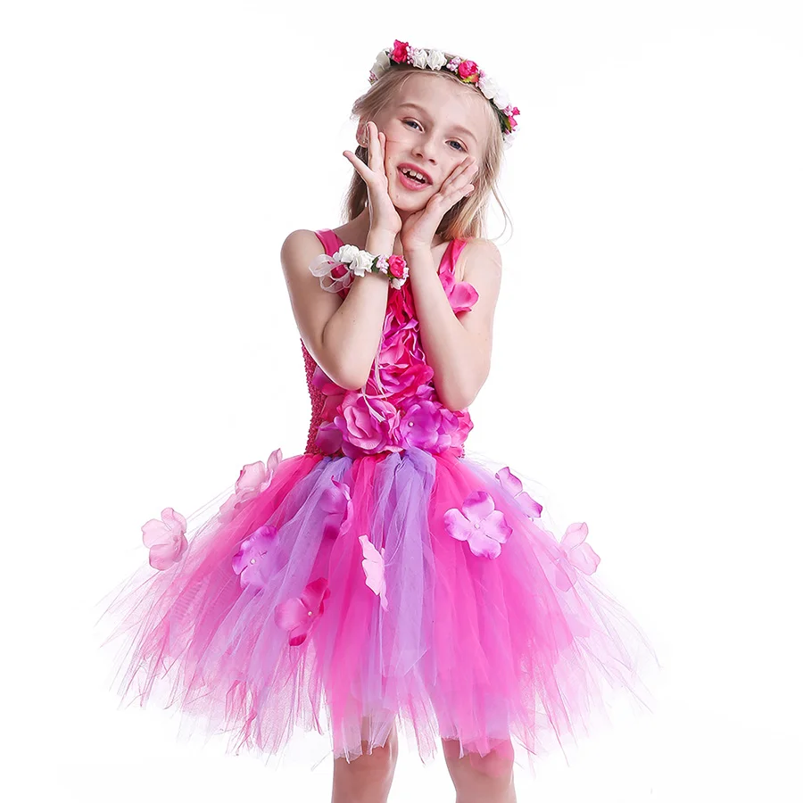 Girls Pink Purple Flowers Tutu Dress Summer Children Crochet Bodice Tulle Clothes (7)