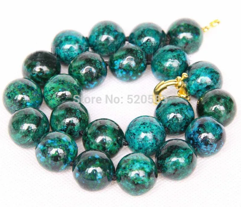 

Genuine 18" 18mm round Chrysocolla necklace gold plated clasp